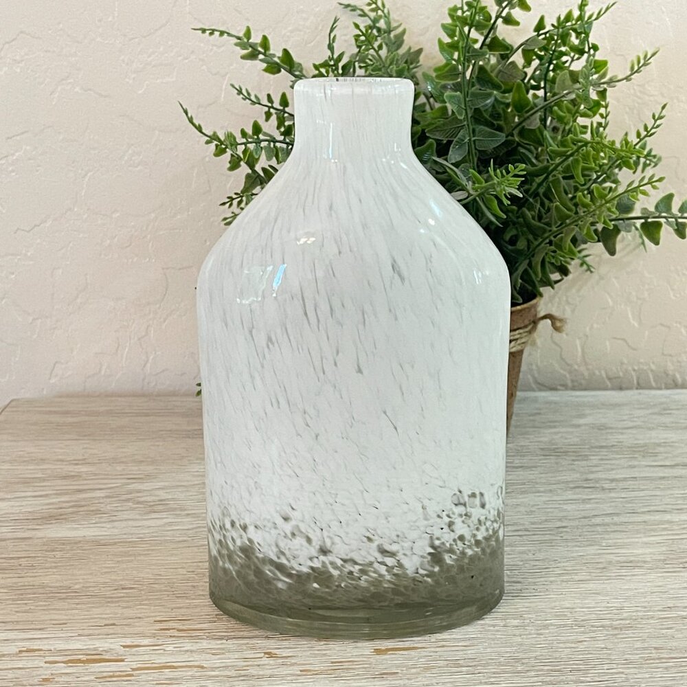 Art Glass Vase Hand Blown Clear White Gray Swirl Heavy Unique